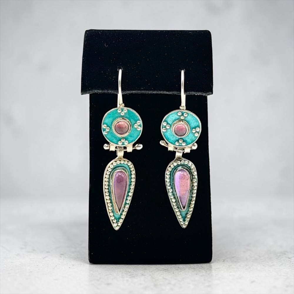 Vintage Thousand Flowers 925 Sterling Silver Turquoise Enamel Dangle Earrings